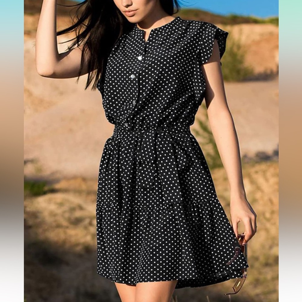 Dot Dresses, Casual Ruffle Sleeve Elastic Waist